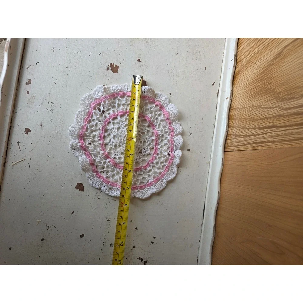 Lot of 5 Vintage Crochet Doilies Pink White Cream Lace Table Decor